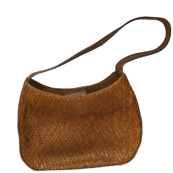 Fossil Woven Shoulder Bag Purse Pocketbook Leather Strap & Flap Palm Tree Print - Picture 1 of 12